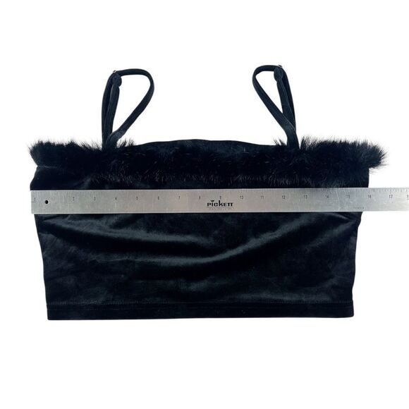 Kittenish Party Girl Black Velvet Spaghetti Strap Crop Top Faux Fur Trim Medium - Picture 3 of 7